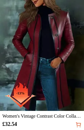 Women's Vintage Contrast Color Collar Leather Jacket, Spring/Autumn