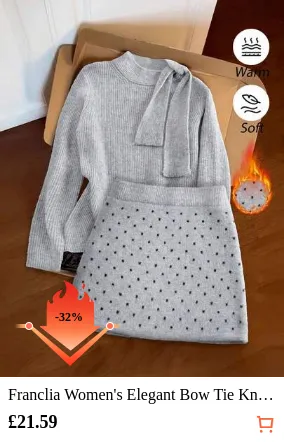 Franclia Women's Elegant Bow Tie Knit Sweater & Polka Dot Skirt 2-Piece Set, Autumn/Winter