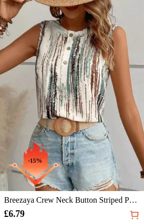 Breezaya Crew Neck Button Striped Print Sleeveless Shirt