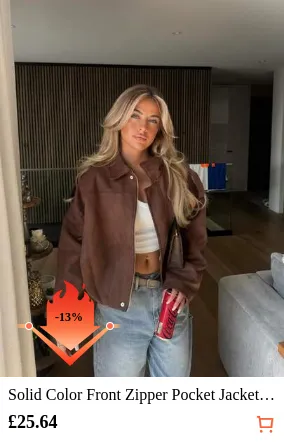Solid Color Front Zipper Pocket Jacket Coat, Casual Long Sleeve Bomber Jacket For Women, Spring/Autumn Loose Long Sleeve Zipper Retro Jacket, Regular Faux Suede Casual Jacket