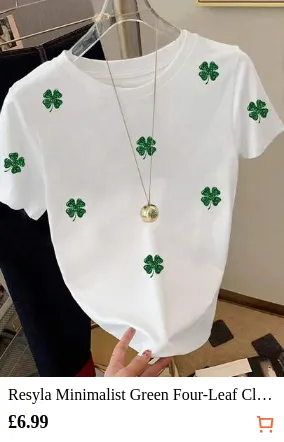 Resyla Minimalist Green Four-Leaf Clover Print Women's T-Shirt Perfect For St. Patrick's Day, Daily Commuting, Holiday Gifts, Fashion, Stylish T-Shirts, Attractive Tops, Sibling Gifts, Sister Gifts, Mom Gifts, Mother's Day Presents, Casual Yet Chic Tops