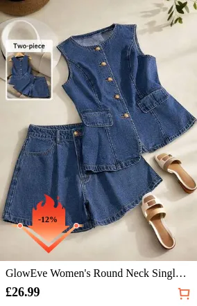 GlowEve Women's Round Neck Single-Breasted Sleeveless Top And Button Pocket Denim Shorts Casual Suit