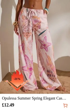 Opulessa Summer Spring Elegant Casual Going Out Beach Vacation Printed Loose Women's Pants, Elegant Seashell Print, Spring Summer Vacation Outfits