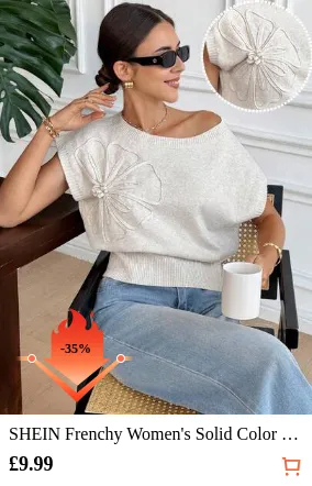 SHEIN Frenchy Women's Solid Color Fashionable Elegant Casual Vacation Asymmetric-Shoulder Flower Applique Cap Sleeve Knit Top Short Sleeve Sweater,Women's Handmade Patterned Floral Knit Top, Casual Sweater, Spring, Can Be Worn Outside/Inside,For Daily Wear,Knitted Sweater Summer Holiday Resort