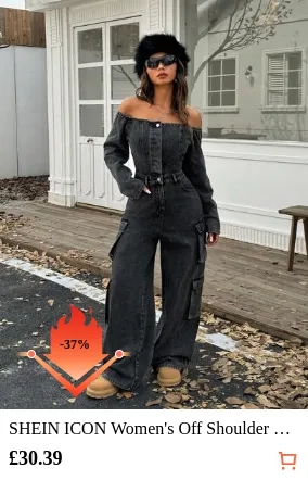 SHEIN ICON Women's Off Shoulder Long Sleeve Utility Pocket Casual Denim Jumpsuit, Autumn, Y2k Clothes Women, Fall Women Clothes