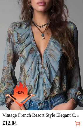 Vintage French Resort Style Elegant Chiffon Allover Print Deep V-Neck Zipper Ruffle Lantern Sleeve Women Blouse, All-Over Allover Print Crinkle Ruffle/Frill Sheer Resort Vacation Summer