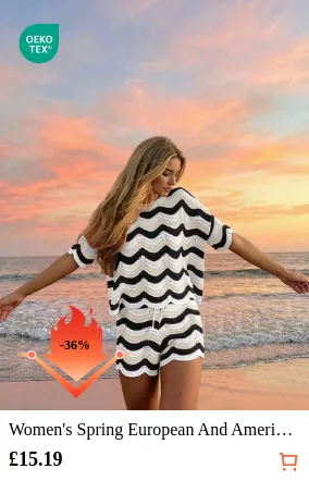 Women's Spring European And American Fashion Hollow Crochet Knit Short Sleeve Top And Casual Shorts Two Pieces Set Summer Vacation Beach