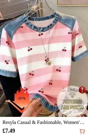Resyla Casual & Fashionable, Women's T-Shirt With Denim Effect Patchwork, Striped And Cherry Digital Print, Round Neck