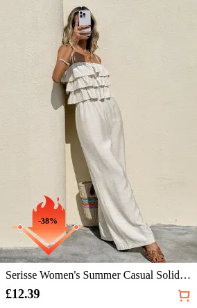 Serisse Women's Summer Casual Solid Color Linen  Boho Vacation Tiered Ruffle Layered Cami Minimalist Casual Wide Leg Jumpsuit Suitable For Vacation,Casual Summer Jumpsuit, Romantic And Elegant, Textured Fabric, Casual Wide-Leg Pants, Suitable For Vacation And Daily Wear, Women Work Summer Dresses Woman S Summer Clothes Holiday Resort, Beach Outfit For Women , Female Carnival Costume,Summer Clothes