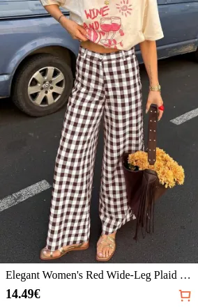 Elegant Women s Red Wide-Leg Plaid...