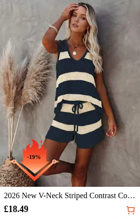 2026 New V-Neck Striped Contrast Color Knitted Vest And Shorts Casual Vacation Knit Set, Elegant And Relaxed Style, Suitable For Daily Commute, Holidays, Beach Outings Summer