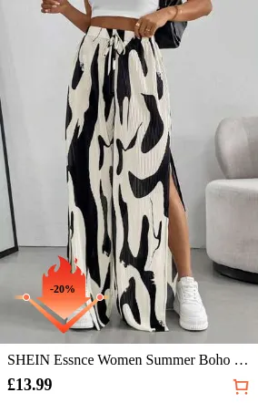 SHEIN Essnce Women Summer Boho Street Fashion Side High Slit Color Block Printed Pleated Wide Leg Baggy Pants