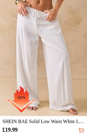 SHEIN BAE Solid Low Waist White Linen Pants, Loose Fit Beach Trousers, Summer,Linen Pants