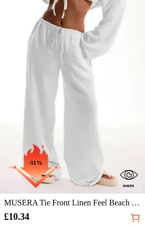 MUSERA Tie Front Linen Feel Beach Trousers Elegant Summer Vacation Sun Casual Boho White Airport Beach Pants Spring Holiday