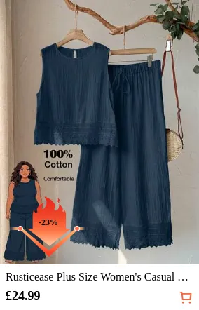 Rusticease Plus Size Women's Casual Vacation Blue Lace Patchwork Sleeveless Top And Pants 2-Piece Set, Spring/Summer,2pc Set Plus Size Women's Summer Casual Vacation Country Solid Color Navy Blue Lace Patchwork Round Neck Sleeveless Top And Pants 2 Piece Set, Spring/Summer,Comfortable And Breathable,Summer Holiday,Spring Break Outfits ,Vacation Outfits Women ,Holiday Outfits For Women,Going Out Outfits,2026 New Clothes,Simple And Fashionable For Everyday Wear, White Pants Set For Women, Summer Pants Sets, Shirt And Pants Set, Co Ords Sets Women,Modest Two Piece Set, Plus Size Summer Sets, Wide Leg Pants Set,Vest And Pant Set,All-White Set,Suitable For Summer, Vacation, Commute, Daily Wear, Summer Outfits,Gifts For Mother