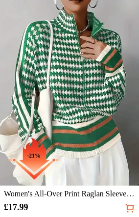 Women's All-Over Print Raglan Sleeve Zip Front Knit Stand Collar Cardigan