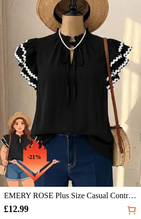 EMERY ROSE Plus Size Casual Contrast Color Cap Sleeve Shirt