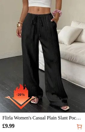 Flirla Women's Casual Plain Slant Pockets Textured Long Pants Fall Cloth For Women