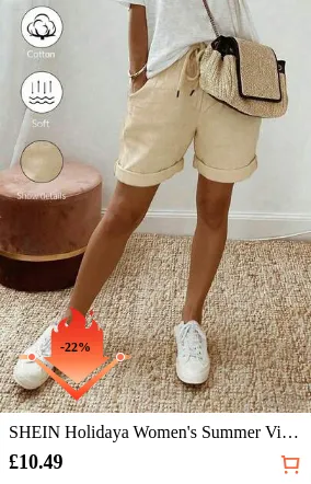 SHEIN Holidaya Women's Summer Vintage Cotton Linen Casual Drawstring Rolled Hem Shorts,Elastic Waist Textured Loose Khaki Pants For Vacation,Daily Outings