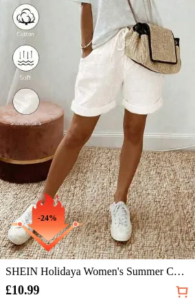 SHEIN Holidaya Women's Summer Cotton Linen Casual Shorts,Vintage Holiday Elastic Waist Drawstring Rolled Hem Pants,Loose Textured Trousers For Daily Outing