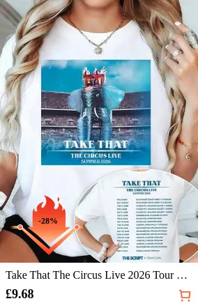Take That The Circus Live 2026 Tour T-Shirt, Double-Sided Print Of Elephant Stage Shows, Casual Crew Neck Short-Sleeved Women's T-Shirt, 100% Pure Cotton, All-Season Style, Suitable For Events, Parties, Performances, And Outings.