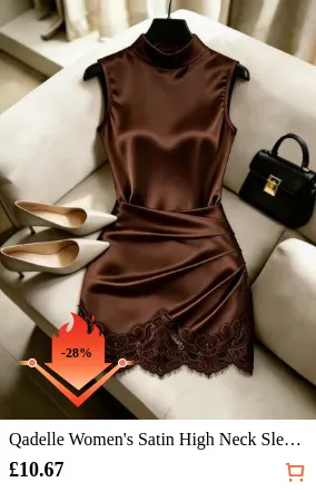 Qadelle Women's Satin High Neck Sleeveless Pleated Lace Trim Bodycon Dress,Coffee Brown,Summer,Elegent,Bar Party,Asymmetric Waist Shaping Party Dress