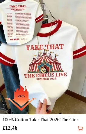 100% Cotton Take That 2026 The Circus Live Commemorative T-Shirt, Double-Sided Print, Red And White Color-Blocked Crew Neck Short Sleeve, Band Merchandise Support Apparel, Unisex.