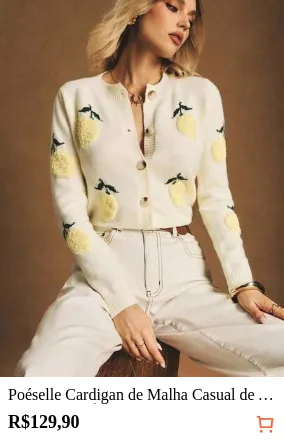 Poéselle Cardigan de Malha Casual de Abotoamento Único com Manga Longa e Estampa de Frutas, Outono