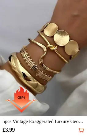 5pcs Vintage Exaggerated Luxury Geometric Design Wide Metal Gold Bangle Set, Suitable For Everyday Wear And Gifting