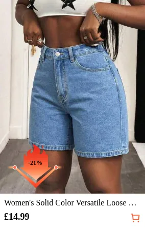 Women's Solid Color Versatile Loose Straight Bermuda Denim Shorts, Blue Casual Summer