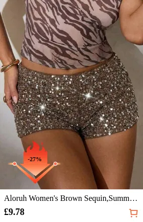 Aloruh Women's Brown Sequin,Summer,Hot,Seksi Chic,Night Sparkly Rhinestone Shorts,Low Waist Bohemian Luxury Party Wear Glitter Bling Summer Holiday Outfits