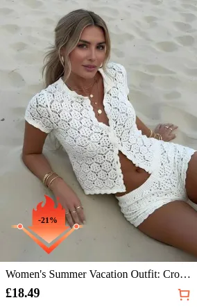 Women's Summer Vacation Outfit: Crochet Mesh Sexy Hollow Out Beach Short Sleeve Knit Cardigan + Shorts 2 Piece Set - Women's Vacation 2 Piece Set, Crochet Party Wear, Women's Sexy Fitted Style