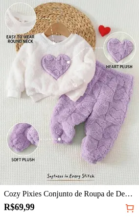 Cozy Pixies Conjunto de Roupa de Descanso 2 Peças para Bebê Menina com Moletom de Manga Longa, Gola Redonda, Forro de Fleece, Estampa de Coração, Calça Longa com Punho e Cintura Elástica