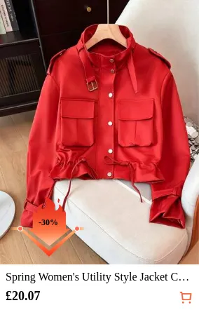 Spring Women's Utility Style Jacket Coat, Fashion Funnel Neck, Multi-Pocket Waist Drawstring Design, Fashion Versatile Summer