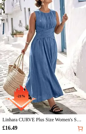 Linhara CURVE Plus Size Women's Solid Color Pleated Casual Party Dress