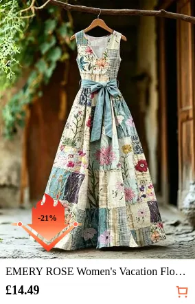 EMERY ROSE Women's Vacation Floral Print Patchwork Tie V-Neck Sleeveless Dress