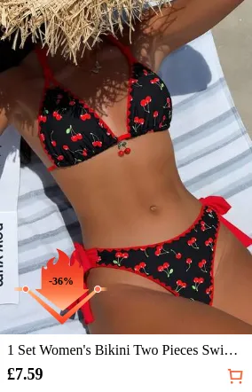 1 Set Women's Bikini Two Pieces Swimwear, Color Block Floral Trim Cherry Print Halter Tie Fashionable Beach Wear Vacation Summer Red