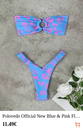 Polovedo Official New Blue & Pink Floral Print Ruched Bandeau Bikini Set, Elegant Swimwear Suitable For Beach Vacation, Party And Date Summer