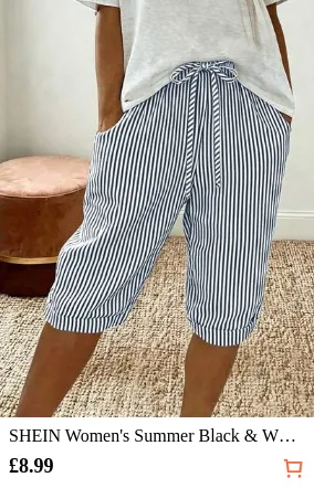 SHEIN Women's Summer Black & White Striped Fabric Design Front Knot Casual Vacation Style Loose Shorts, Beach Holiday Travel, Summer Mid-Length Shorts, New Arrival Essential Fashion Item, Niche Design Versatile Style