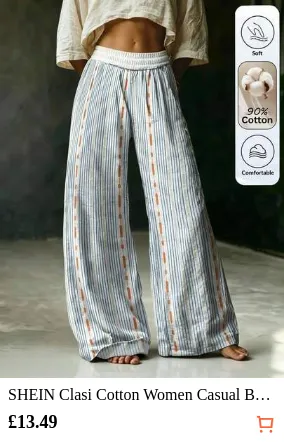 SHEIN Clasi Cotton Women Casual Boho Holiday Printed Striped Long Pants Holiday Vacation Blue And White Stripe Striped Autumn Vacation