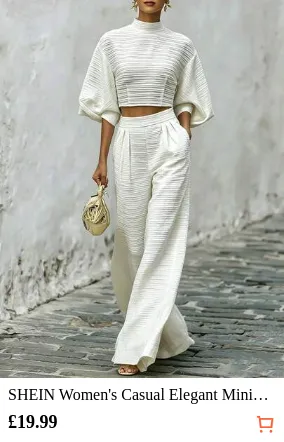 SHEIN Women's Casual Elegant Minimalist Lantern Sleeve Short Top And High-Waist Pants Set, Textured Fabric Casual Two Pieces Set