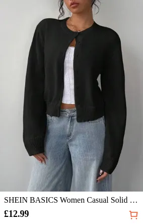 SHEIN BASICS Women Casual Solid Color Crew Neck Long Sleeve Loose Cropped Black Cardigan Women Winter Coat