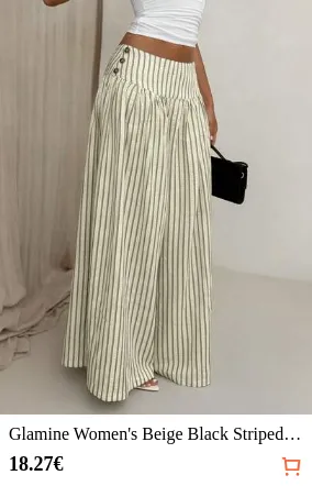 Glamine Women's Beige Black Striped Wide Leg Pants, Old Money High Waist Pleated Palazzo Trousers With Button Detail, Flowy Loose Fit Pants For Office, Summer