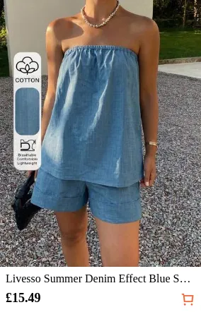 Livesso Summer Denim Effect Blue Shirt & Spaghetti Strap Strap Shorts Loose Fit Beach Vacation Women 2pcs Set