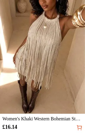 Women's Khaki Western Bohemian Style Luxury Faux Suede Halter Neck Backless Long Tassel Mini Dress, Summer Autumn Outfit, Suitable For Country Music Concerts, World Cup Parties, Street Wear