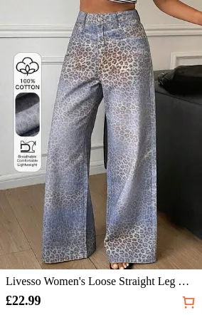 Livesso Women's Loose Straight Leg Wide Leg Jeans, Tie-Dye Gradient Leopard Print Washed Blue, Casual Streetwear, Autumn/Summer