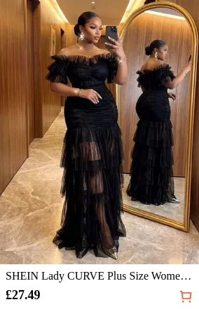 SHEIN Lady CURVE Plus Size Women's Elegant Black Winter Maxi Dress,Off-Shoulder Sheer Slit Hem Rouche Bohemian Style Birthday Slay Diva Summer