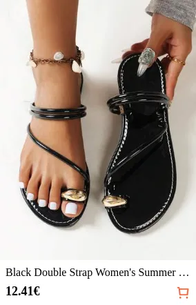 Black Double Strap Women's Summer Sandals, New Arrivals, Fashionable, Flat Heel, Open Toe, Perfect For Beach, Street Style