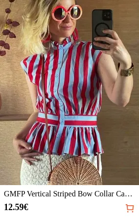 GMFP Vertical Striped Bow Collar Cap Sleeve Waist Cinched Pleated Short Blouse, French Vacation Casual Style, Independence Day Holiday Season Daily Gathering Back To School Graduation Season Women's Outfit Top Halloween Christmas