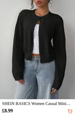 SHEIN BASICS Women Casual Minimalist Modest Basic Solid Color Crew Neck Long Sleeve Loose Cropped Black Cardigan Women Autumn Coat Teachers' Day Office